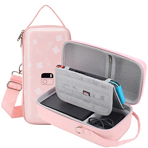 Flyekist Switch Case Newest Upgrade Compatible with Nintendo Switch - Deluxe Hard Shell Travel Carrying Case, Pouch Case for Nintendo Switch Console,Dock & Accessories, Pink