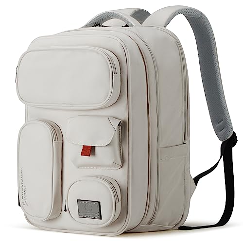 Mixi Travel Backpack for Women & Men 15.6'' Laptop Carry On Weekender Bag Outdoor Hiking with Multifunction Pockets 180° Open Water Resistant 18 Inch 22L, Moonlight White