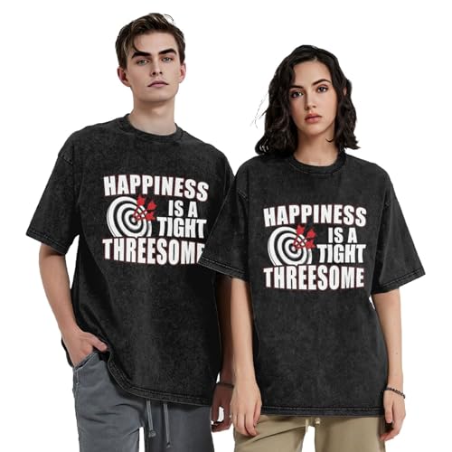 Happiness is A Tight Threesome Darts T Shirt for Men's Womens Vintage Washed Casual Oversized T Shirt Summer Short Sleeves Black