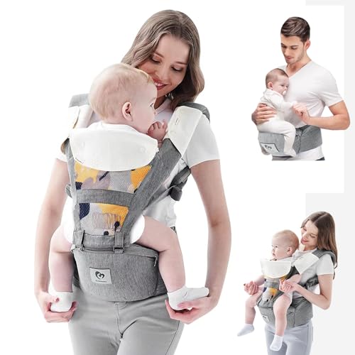 Baby Carrier, Bellababy Multifunction Baby Carrier Hip Seat (Ergonomic M Position) for 3-36 Month Baby, 6-in-1 Ways to Carry, All Seasons, Adjustable Size, Perfect for Shopping Travelling (Grey)