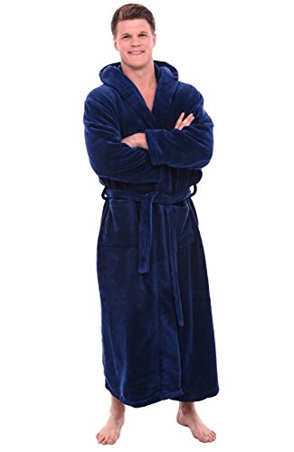 Alexander Del Rossa Men's Plush Fleece Hooded Bathrobe, Full Length Long Warm Lounge Robe with Hood Navy Blue 2XL (A0125NBL2X)