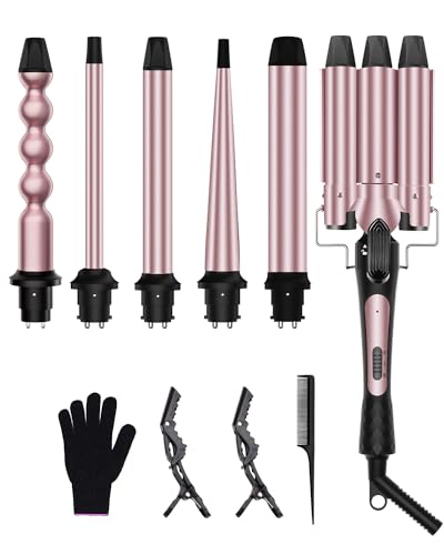 6 in 1 Curling Iron, Curling Wand Set with 3 Barrel Curling Iron and 5 Interchangeable Ceramic Curling Wand (0.35'-1.25”), Instant Heat Up 2 Temp Wand Curler, Include Heat Protective Glove & 2 Clips