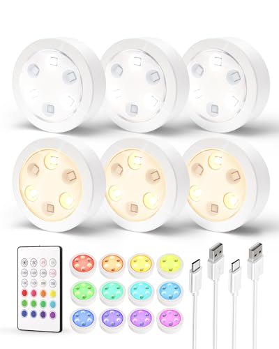 EZVALO Puck Lights with Remote, 14 Colors Changeable RGB LED Under Cabinet Lighting, 1200mAh Rechargeable Under Cabinet Lights, Tap Light, Stick on Lights for Kitchen, Counter, Closet (6 Pcs)
