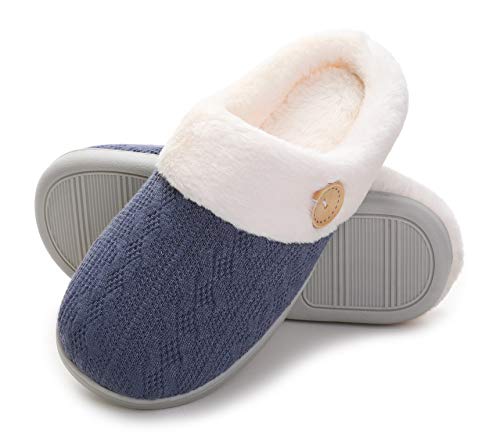 Vonluxe Women's Fuzzy House Slippers Comfy Memory Foam Bedroom Slippers Warm Slip On Light Shoes Outdoor Indoor Faux Fur Lined Navy11-12