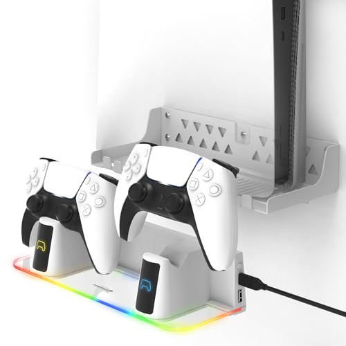 Fosmon PS5 Wall Mount Kit with Charging Station, Solid Metal with Strong Anchors, Detachable Dual Controller Chargers with RGB LED Light for PlayStation 5 and PS5 Slim (Disc & Digital Edition) - White