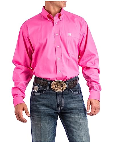 Cinch Men's Classic Fit Long Sleeve Button One Open Pocket Solid Basic Shirt, Pink, Large