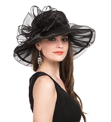 SAFERIN Women's Organza Church Kentucky Derby Hat Feather Veil Fascinator Bridal Tea Party Wedding Hat (01-Black Bowknot)