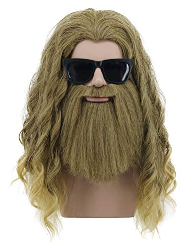 VGbeaty Adult Men Long Curly Gold Brown Mustache Wig Thor Wig Halloween Cosplay Anime Costume Party Wig