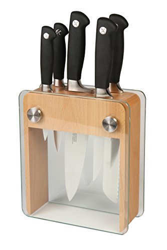 Mercer Culinary M20050 Genesis 6-Piece Wood/Glass Knife Block Set, 15' x 4' x 10', Black/Steel