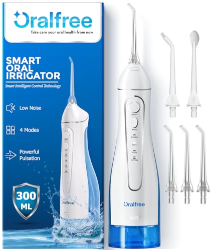 Oralfree Water Dental Flosser Cordless for Teeth Cleaning - 4 Modes Oral Irrigator 300ML Braces Flossers Cleaner, Rechargeable Portable IPX7 Waterproof Powerful Battery for Travel Home