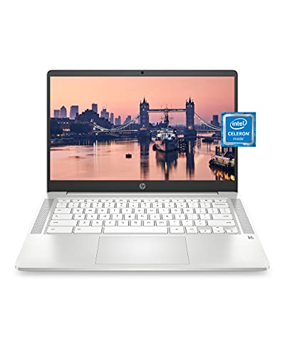 HP Chromebook 14 Laptop, Intel Celeron N4000 Processor, 4 GB RAM, 32 GB eMMC, 14” HD Display, Chrome, Lightweight Computer with Webcam and Dual Mics, Home, School, Music, Movies (14a-na0021nr, 2021)