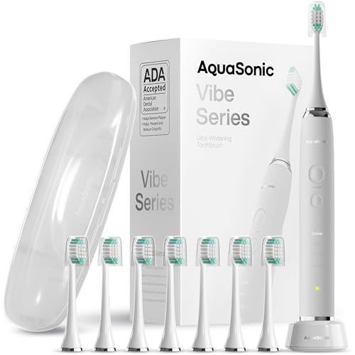 Aquasonic Vibe Series Ultra-Whitening Toothbrush – ADA Accepted Electric Toothbrush - 8 Brush Heads & Travel Case – 40,000 VPM Motor & Wireless Charging - 4 Modes w Smart Timer – Optic White