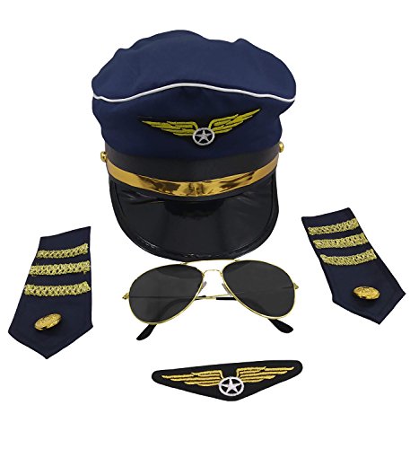 Nicky Bigs Novelties Adult Pilot Costume Accessories - Airplane Hat Captain Epaulettes Sun Glasses & Badge Kit - Aviator Career Halloween Accessory Set, Blue Gold, One Size