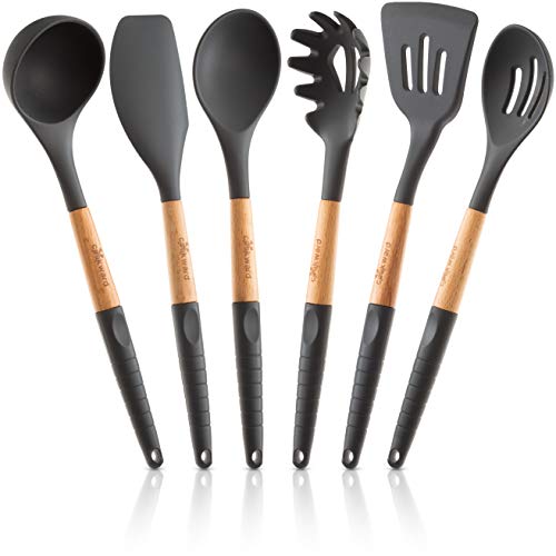 Cookward Silicone Cooking Utensils Set (6 pcs) Natural Wood Kitchen Utensils – Eco Friendly & BPA Free, Non-Scratch & Non-Stick Easy Grip -Black