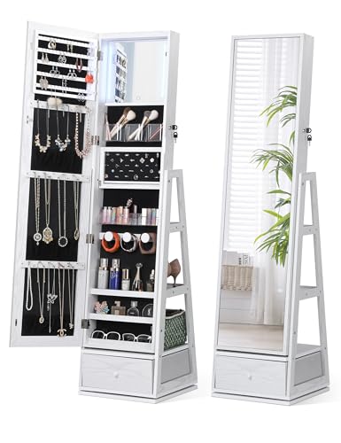 Nicetree 360° Swivel Jewelry Cabinet with Lights, Touch Screen Vanity Mirror, Rotatable Full Length Mirror with Jewelry Storage, Standing Jewelry Armoire Organizer, Foldable Makeup Shelf, White