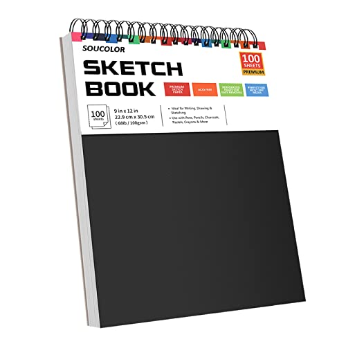 Soucolor 9' x 12' Sketch Book, 1-Pack 100 Sheets Spiral Bound Art Sketchbook, Acid Free (68lb/100gsm) Artist Drawing Book Paper Painting Sketching Pad