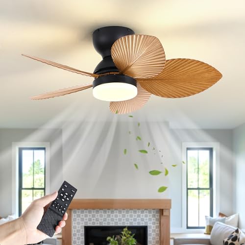 OSGNER 30 Inch Tropical Ceiling Fan with LED Light, Outdoor Gazebo Patio Palm Leaf Fan Light, 5 Leaf Blades, Quiet & Reversible Fan, Flush Mount Ceiling Fan with Remote for Bedroom Kitchen Indoor