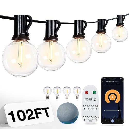 addlon 102FT Outdoor String Lights,Smart Patio Lights with 50+4 Shatterproof Dimmable G40 LED Bulbs with APP & Remote Control,Work with Alexa & Google Assistant for Porch Yard