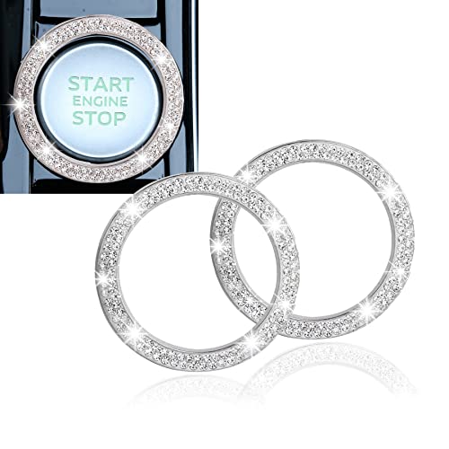 LivTee 2 PCS Crystal Double Rhinestone Car Engine Start Stop Decoration Ring, Bling Car Interior Accessories for Women, Push to Start Button Cover/Sticker, Key Ignition & Knob Bling Ring, White