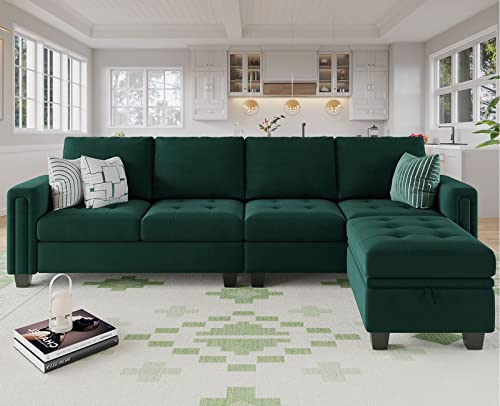 Belffin Velvet Reversible Sectional Sofa with Chasie Convertible L Shaped 4-seat Sectional Couch with Storage Ottoman Green