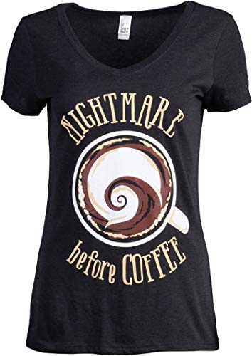 The Nightmare Before Coffee | Funny Cute Saying Women's Cafe Mug Drinker V-Neck T-Shirt-(Vneck,XL)