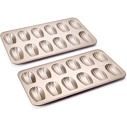 HONGBAKE Nonstick Madeleine Pan 2 Pack 12-Cavity Heavy Duty Madeleine Cookies Trays for Oven Baking, Warp Resistant Shell Shape Madeleine Mold Cake Pan, Champagne Gold