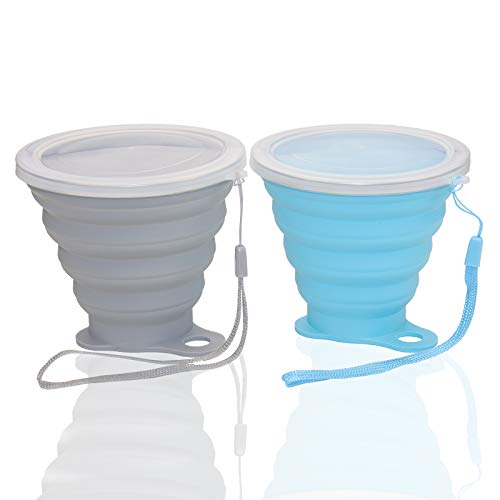 Nanaborn Silicone Collapsible Cups for Camping Travel, Small Portable Drinking Cup with Lids Reusable for Outdoor Hiking 270ml (Blue & Gray, 2Pack)