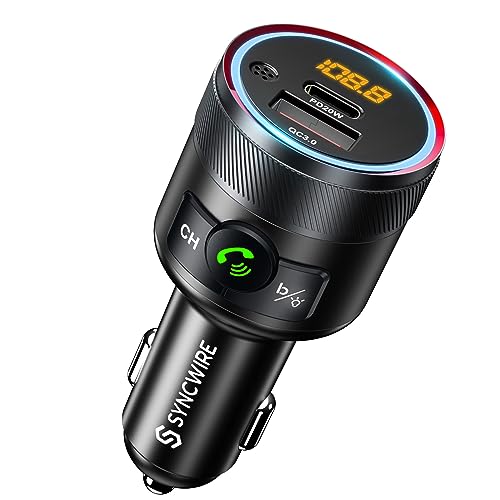 Syncwire Bluetooth 5.3 FM Transmitter for Car, 38W PD&QC3.0 Dual USB Charging Bluetooth Car Adapter Microphone & Bass Sound MP3 Music Player FM Car Kit with Hands-Free Calling