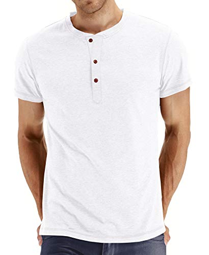 NITAGUT Mens Fashion Casual Front Placket Basic Short Sleeve Henley T-Shirts (L, 02 White)