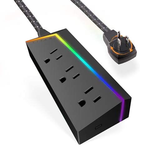 Titan 3-Outlet Power Strip, 8 ft Braided Extension Cord, LED Light Strip with Full Spectrum Color-Select, Compatible with Power Gaming PC, Laptop, Computer Setup, PS4, PS5, Xbox, Black, 57354