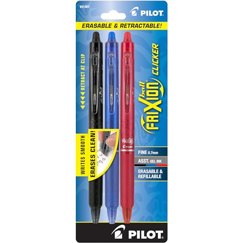 PILOT FriXion Clicker Erasable, Refillable & Retractable Gel Ink Pens, Fine Point, Black/Blue/Red Inks, 3-Pack (31467)