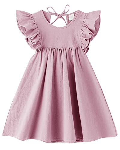 Dutebare Toddler Baby Girl Dress Cotton Linen Ruffle Sleeve Dresses Girls Summer Casual Sundress Pink 80