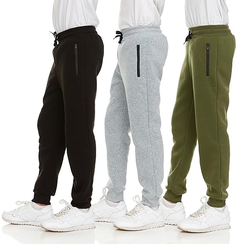 PURE CHAMP 3Pk Boys Sweatpants Fleece Athletic Workout Kids Clothes Boys Joggers with Zipper Pocket and Drawstring Size 4-20 (SET3 Size 10/12)