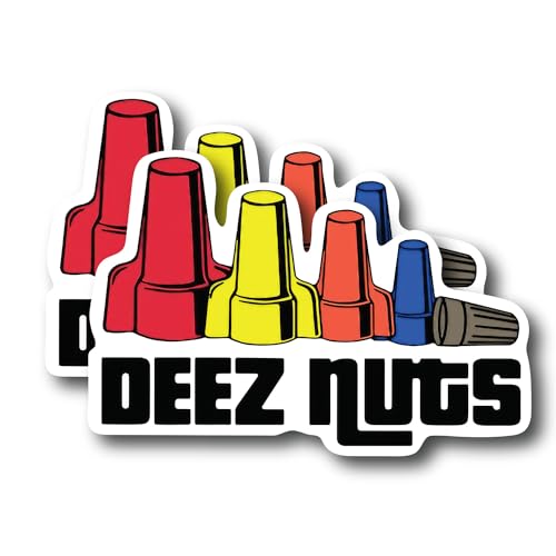 (2 Pack) Deez Nuts Sticker - Lineman, Electrician, Journeyman, Mechanic - Toolboxes, Hardhats - 4' On Longest Side - High Adhesive Tack - Bumper Sticker for Cars, Truck, SUV - Made in USA - PLS001