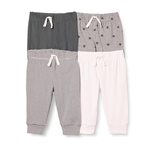 Amazon Essentials Baby Girls' Cotton Pull-On Pants, Pack of 4, Dark Grey/Stars/Stripe/White, 0-3 Months