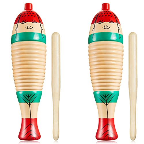 2 Pieces Colorful Fish Shaped Guiro Instrument Latin Percussion Musical Instruments Wooden Frog Instrument Musical Percussion Instruments for Adults Kids with Rhythm Sticks