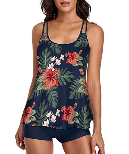 Urchics Womens Gray Tankini Swimsuit Tank Top Two Piece Bathing Suits with Boyshorts Tropical Navy XL