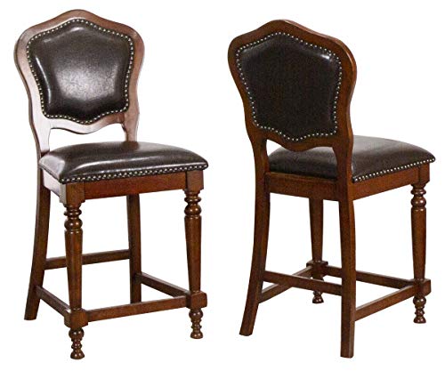Sunset Trading Bellagio Upholstered Barstools with Backs | Counter Height Dining Chairs | Distressed Cherry Brown Wood | Nailheads | Set of 2 (CR-87148-24-2)