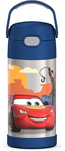 THERMOS FUNTAINER Water Bottle with Straw - 12 Ounce, Cars - Kids Stainless Steel Vacuum Insulated Water Bottle with Lid