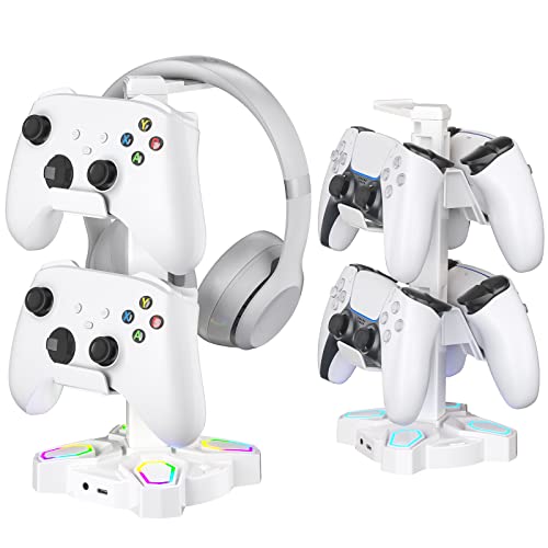 KDD Gaming RGB Headphones Stand, Rotatable Headset Stand with 9 Light Modes - Controller Holder with 2 USB Charging Ports and 3.5mm - Earphone Hanger Accessories for Desktop Gamer(White)