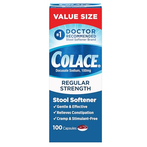 Colace Regular Strength Stool Softener 100 mg Capsules 100 Count Docusate Sodium Stimulant-Free for Gentle, Dependable Occasional Constipation Relief