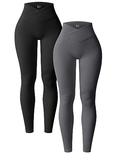 OQQ Women's 2 Piece Yoga Leggings Ribbed Seamless Workout High Waist Cross Over Athletic Exercise Leggings Black Darkgrey