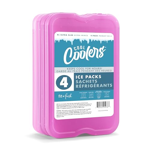 Cool Coolers by Fit & Fresh 4 Pack XL Slim Ice Packs, Quick Freeze Space Saving Reusable Ice Packs for Lunch Boxes or Coolers, Purple