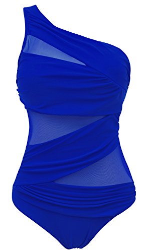 Runtlly Women's One Piece Swimsuits One Shoulder Plus Size Swimwear Bathing Suit with See Through Mesh Style Blue XXL