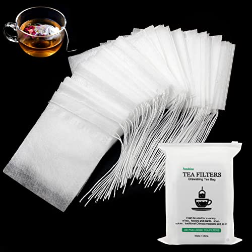 100 Pcs Disposable Tea Bags for Loose Leaf Tea, Biodegradable Tea Filter Bags with Drawstring, Corn Fiber Empty Tea Bags for Loose Leaf Tea (3.54 x 2.75 inch)