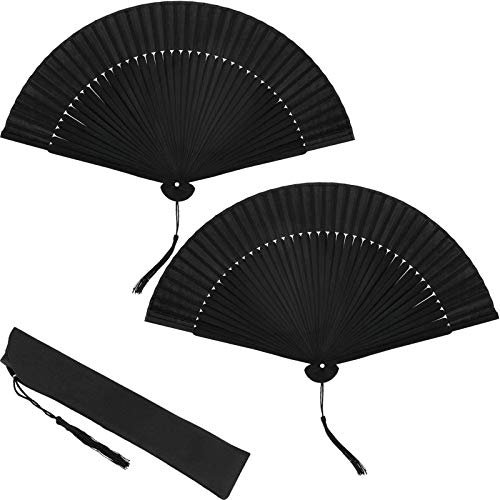 2 Pieces Silk Folding Hand Fan Black Bamboo Handheld Fan Chinese Folded Fan with Tassel for Dance Party Home Decorations (Classic Style)