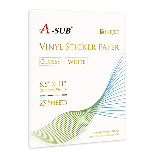 A-SUB 25 Sheets Vinyl Sticker Paper for Inkjet Printer - Glossy Printable Vinyl 8.5x11 Inch Waterproof Sticker Paper for DIY Any Decal You Like