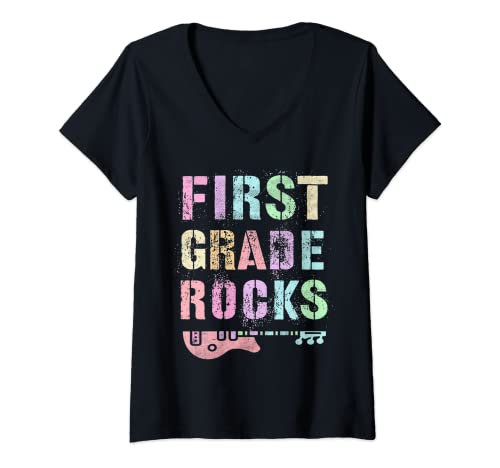 Womens Retro FIRST GRADE ROCKS Teacher Rockstar 1st ABCD My Jam V-Neck T-Shirt