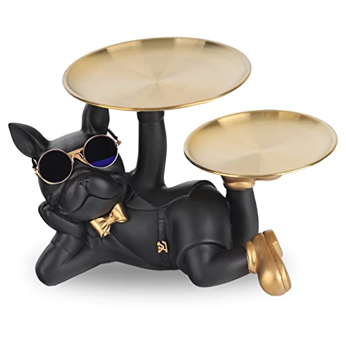 oliruim Dog Butler Statue With Tray French Bulldog Statue Black Bulldog Home Decor Tray Home Statue Table Decor Living Room Decor Entryway Table Home Decor (Black)