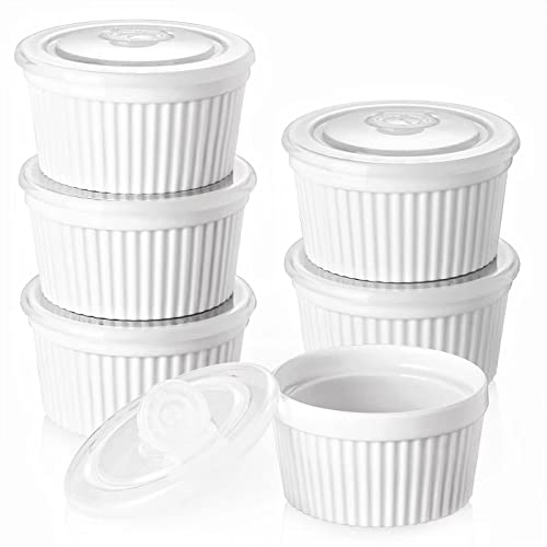 DOWAN Ramekins 8 oz Oven Safe with Lids, Creme brulee Ramekins Bowls with Covers, Porcelain White Ramekins Souffle Dishes for Baking, Stackable, Set of 6